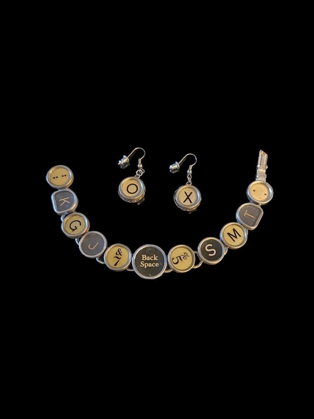 Vintage Typewriter Key Jewelry Set - Link Bracelet & "XO" Dangle Earrings